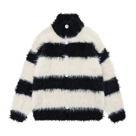 Contrast Color Large Striped With Fleece Lining Brushed Stand Collar Sweater Coat